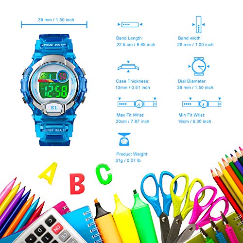 Relojes de Pulsera Digitales para niños niñas, 5ATM Reloj Deportivo a Prueba de Agua para niños con Alarma/LED Luminoso Relojes de Pulsera Digitales para niños, cumpleaños Azul