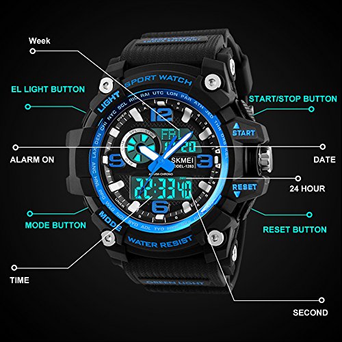 Relojes Deportivos para Hombre, Resistente al Agua Digital Militares Relojes con Cuenta atrás/Temporizador para los Hombres niños Grandes,LED de analógico Relojes de Pulsera para Hombre – Azul BHGWR