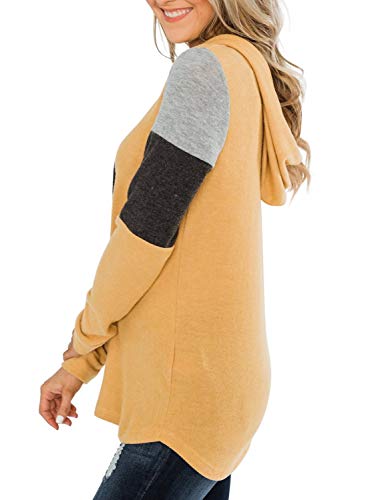 REORIA Sudadera de mujer con capucha con cordón de manga larga con bloques de color, amarillo, S