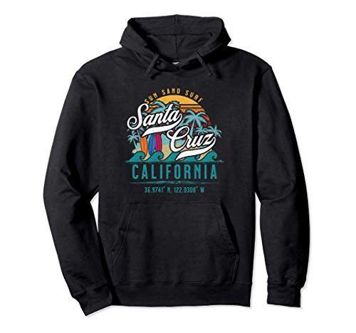 Retro Santa Cruz Beach California Sun Sand Surf Palm Trees Sudadera con Capucha