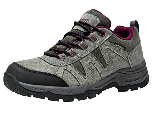 riemot Zapatillas Trekking para Mujer y Hombre, Zapatos de Senderismo Calzado de Montaña Escalada Aire Libre Impermeable Ligero Antideslizantes Zapatillas de Trail Running, Mujer Gris Rojo 38 EU