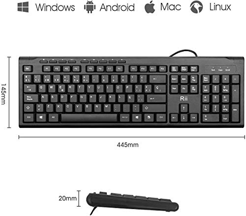 Rii RK907 USB - Teclado con Cable, QWERTY español, Negro