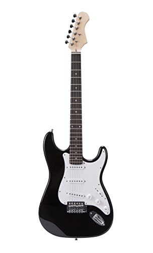 RockJam Superkit Guitarra eléctrica de tamaño completo con amplificador de guitarra, Cuerdas de guitarra, Sintonizador, Correa, Estuche y cable, color Negro