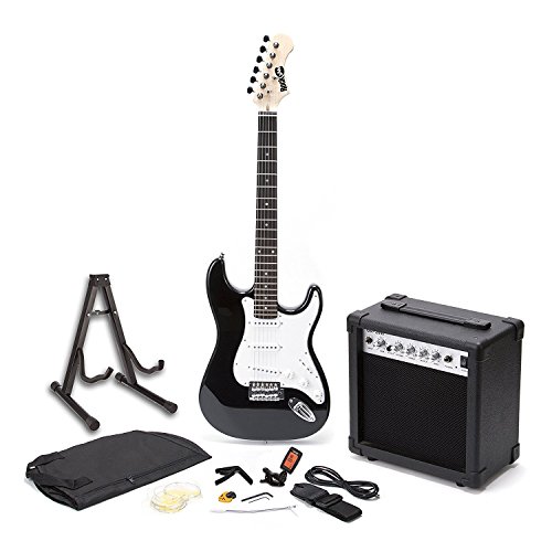 RockJam Superkit Guitarra eléctrica de tamaño completo con amplificador de guitarra, Cuerdas de guitarra, Sintonizador, Correa, Estuche y cable, color Negro