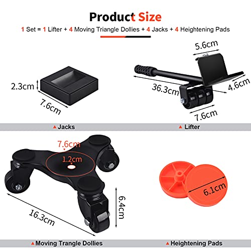 Ronlap Rodillo de Transporte de Muebles , 9 Piezas 4 Rodillos de Muebles y 1 Elevador de Carga y 4 Dispositivos de elevación, Capacidad de Carga 200 kg, Ayuda para Mover Muebles Pesados, Negro