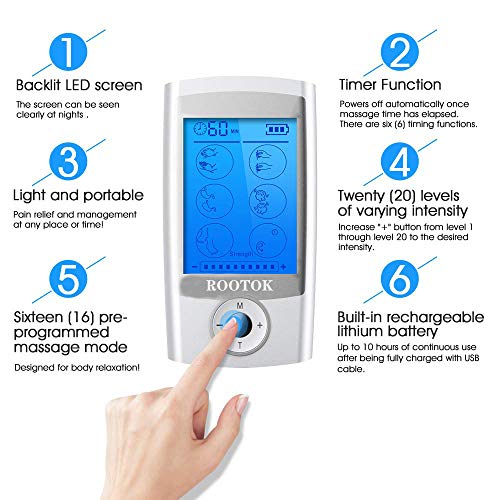 ROOTOK TENS/EMS Electroestimulador Digital, para aliviar el Dolor Muscular y el fortalecimiento Muscular, Masaje, Pantalla LCD, 2 Canales, 8 electrodos autoadhesivos, Color Plata