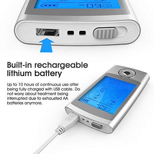 ROOTOK TENS/EMS Electroestimulador Digital, para aliviar el Dolor Muscular y el fortalecimiento Muscular, Masaje, Pantalla LCD, 2 Canales, 8 electrodos autoadhesivos, Color Plata