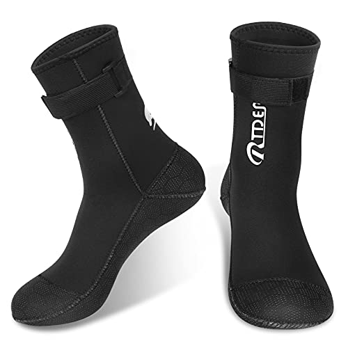 RTDEP Calcetines de neopreno de 3 mm para mujer y hombre, calcetines de neopreno de corte alto con hebilla térmica antideslizante, botas de traje de baño para vela de agua abierta, Negro, L