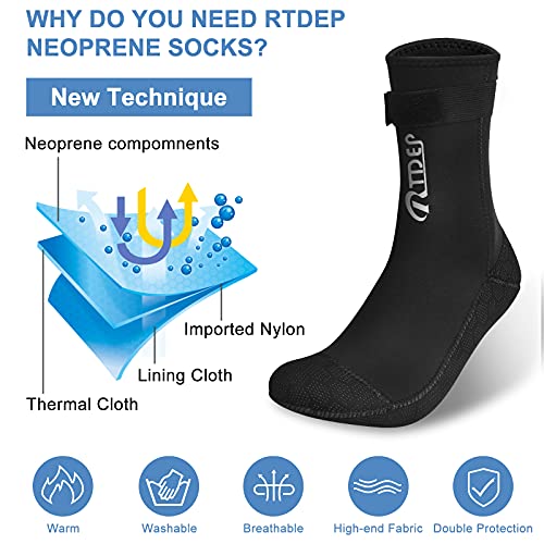 RTDEP Calcetines de neopreno de 3 mm para mujer y hombre, calcetines de neopreno de corte alto con hebilla térmica antideslizante, botas de traje de baño para vela de agua abierta, Negro, L