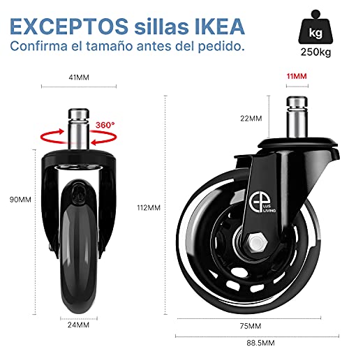 Ruedas para Silla Oficina, E-Plus Living 11x22 mm Ruedas de Silicona (5 Piezas), Ruedas para Muebles Oficina, Ruedas de Repuesto Silencioso y Seguro (75mm(3'') - MAX 250kg)