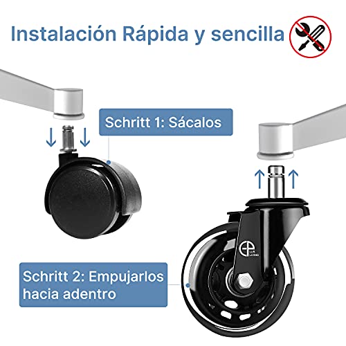 Ruedas para Silla Oficina, E-Plus Living 11x22 mm Ruedas de Silicona (5 Piezas), Ruedas para Muebles Oficina, Ruedas de Repuesto Silencioso y Seguro (75mm(3'') - MAX 250kg)