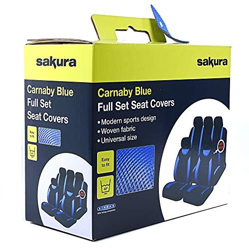 Sakura Carnaby Blue SS5292 - Asientos y Reposacabezas Coche Fundas, Juego Completo, Tamaño Universal, Dobladillos Elásticos, Airbags Laterales Compatibles, Lavables, Colocación Sencilla, Color Azul