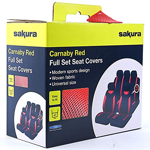 Sakura Fundas para asientos de automóvil y reposacabezas Carnaby Red SS5293 - Juego completo Tamaño universal Dobladillos elásticos Compatible con airbag lateral Lavable Fácil ajuste