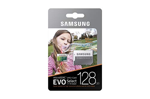 Samsung EVO Select - Tarjeta de Memoria microSDXC de 128 GB con Adaptador SD, 100 MB/s, U3, Color Verde y Blanco
