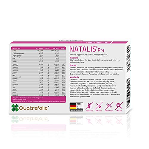 SanaExpert Natalis Pre | SUPLEMENTO PARA LA FERTILIDAD Y EL INICIO DEL EMBARAZO con Ácido Fólico, Quatrefolic, Hierro y Vitaminas (30 cápsulas).