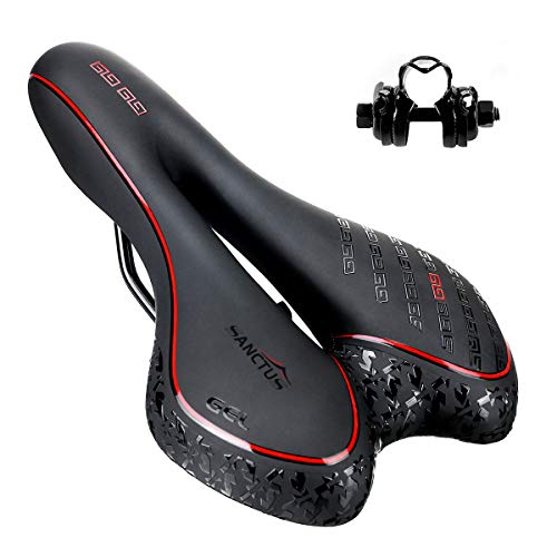 Sanctus - Sillín de bicicleta para hombre y mujer, acolchado de gel cómodo, impermeable, absorbe los golpes, transpirable, para aliviar el dolor