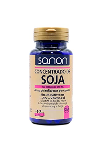 SANON Concentrado De Soja Rico En Isoflavonas - 2 Botes De 100 Cápsulas Con Zinc Y Vitamina B6-40 Mg De Isoflavonas Por Cápsula, color Azul, 100 Unidad, 150 g