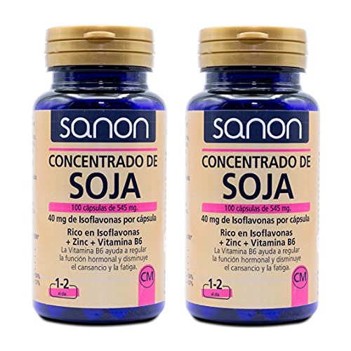 SANON Concentrado De Soja Rico En Isoflavonas - 2 Botes De 100 Cápsulas Con Zinc Y Vitamina B6-40 Mg De Isoflavonas Por Cápsula, color Azul, 100 Unidad, 150 g