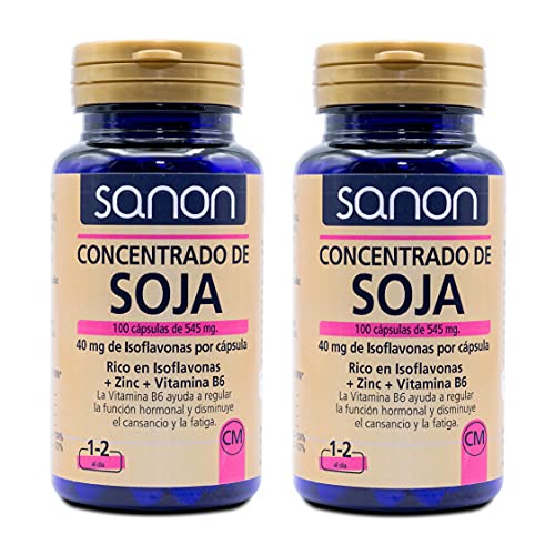 SANON Concentrado De Soja Rico En Isoflavonas - 2 Botes De 100 Cápsulas Con Zinc Y Vitamina B6-40 Mg De Isoflavonas Por Cápsula, color Azul, 100 Unidad, 150 g