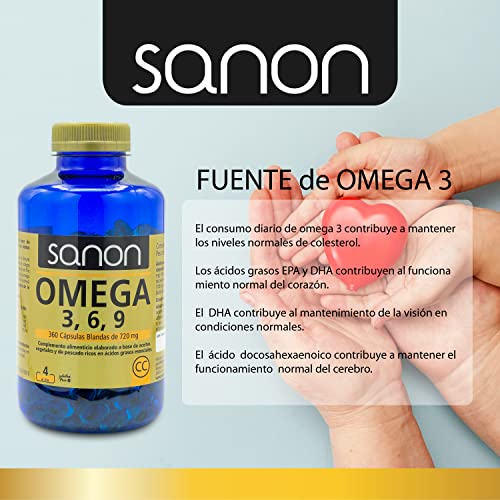 SANON Omega 3 6 9 - Complemento Alimenticio - 360 Cápsulas Blandas de 720mg elaboradas con Aceites Vegetales y Pescado - Rico en Ácidos Grasos Esenciales - Suministro para 3 meses