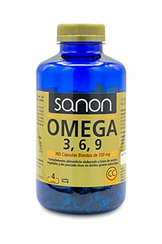 SANON Omega 3 6 9 - Complemento Alimenticio - 360 Cápsulas Blandas de 720mg elaboradas con Aceites Vegetales y Pescado - Rico en Ácidos Grasos Esenciales - Suministro para 3 meses