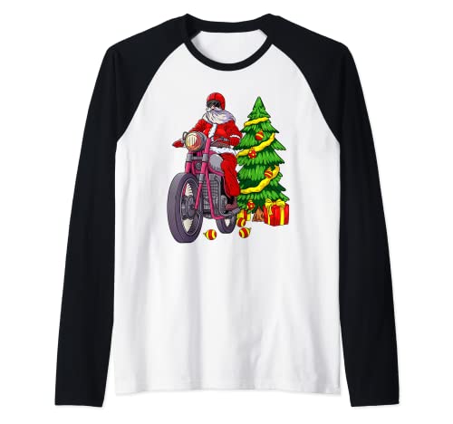 Santa On Motorcycle Biker Men Women Christmas Motorbike Gift Camiseta Manga Raglan