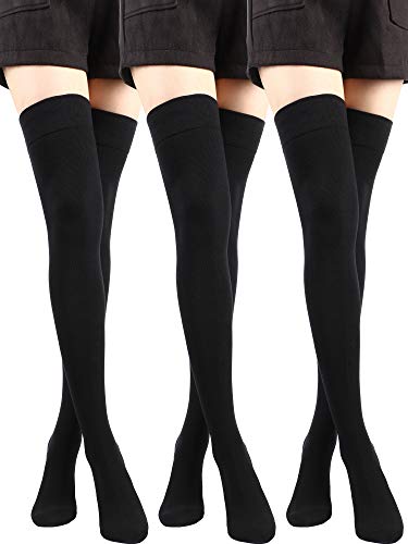 SATINIOR 3 Pares de Calcetines por Encima de la Rodilla Calcetines Altos hasta el Muslo de Algodón Medias de Arranque Largas de Punto, Negro