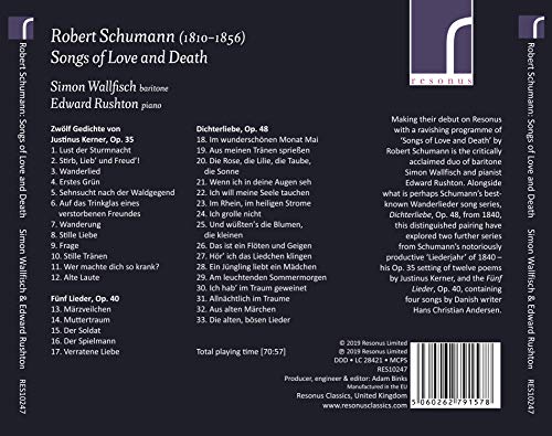 Schumann : Chants d'amour et de mort. Wallfisch, Rushton.