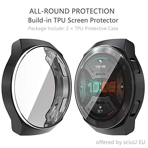 sciuU Funda para Huawei GT 2e (Lanzado en 2020), [Conjunto de 2] Carcasa Protectora con Protector de Pantalla de TPU, Flexible Suave TPU Cubierta, Resistente a los Golpes Shell - Negro * 2
