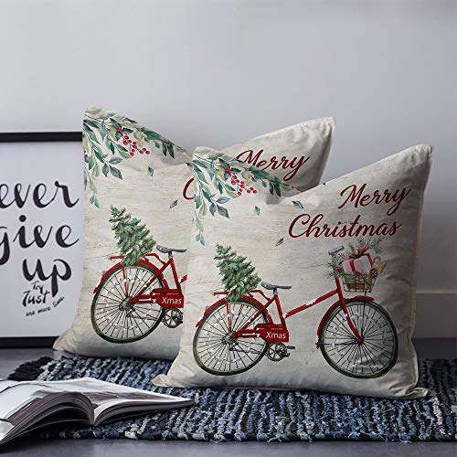 Scrummy Fundas de almohada de 66 x 66 cm, diseño de árbol de bicicleta con texto en inglés "Merry Christmas Berry Xmas Red Bicycle Tree"