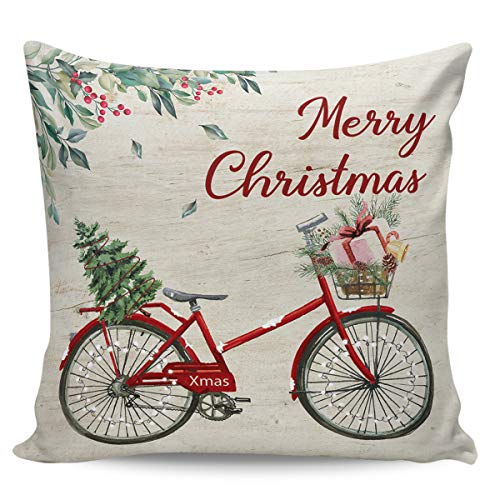 Scrummy Fundas de almohada de 66 x 66 cm, diseño de árbol de bicicleta con texto en inglés "Merry Christmas Berry Xmas Red Bicycle Tree"