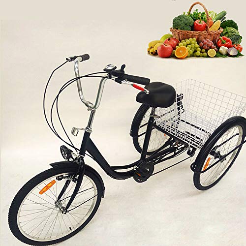 SENDERPICK 24 pulgadas 6 velocidades adulto 3 ruedas triciclo, adulto bicicleta Pedal de ciclismo con cesta blanca para deportes al aire libre compras ajustable, negro