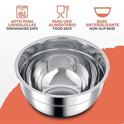 Set de 3 Boles de Acero Inoxidable con Tapa Hermética - Apilables - Base Antideslizante - Ahorra Espacio - Bol Mezclador