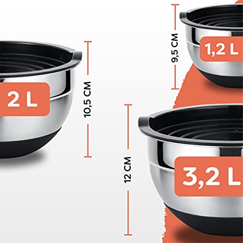 Set de 3 Boles de Acero Inoxidable con Tapa Hermética - Apilables - Base Antideslizante - Ahorra Espacio - Bol Mezclador