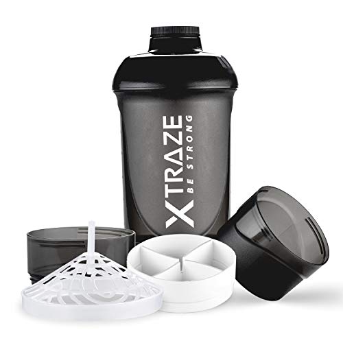 Shaker Proteinas, 600 ml con Compartimento para Protein Polvos 2x = 150 ml + 200 ml, Tamiz para Batidos Cremosos de Proteínas sin Grumos, Gym Bottle Libre de BPA