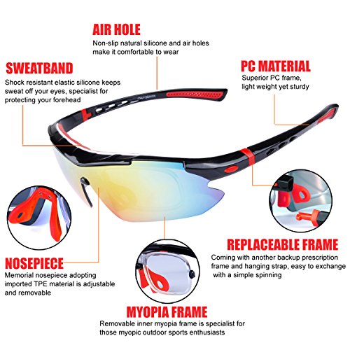 ShareWe Gafas de Ciclismo Unisex Gafas de Sol de Deportivas Polarizadas 5 Lentes Intercambiables para Deporte y Aire Libre Ciclismo Conducir Pesca Ski Esquiar Golf Correr (Negro + Rojo)