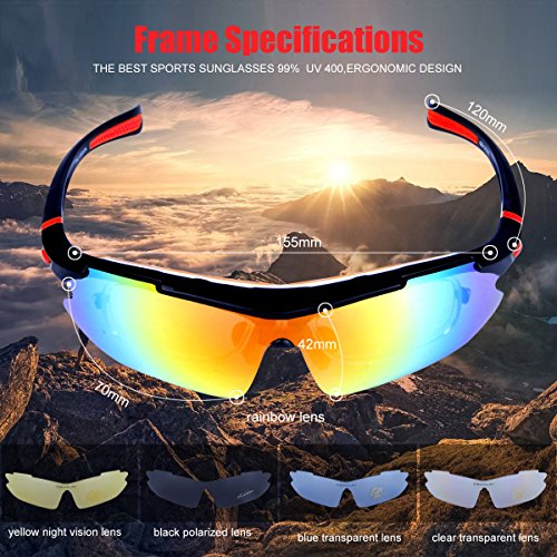 ShareWe Gafas de Ciclismo Unisex Gafas de Sol de Deportivas Polarizadas 5 Lentes Intercambiables para Deporte y Aire Libre Ciclismo Conducir Pesca Ski Esquiar Golf Correr (Negro + Rojo)