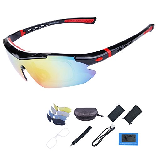 ShareWe Gafas de Ciclismo Unisex Gafas de Sol de Deportivas Polarizadas 5 Lentes Intercambiables para Deporte y Aire Libre Ciclismo Conducir Pesca Ski Esquiar Golf Correr (Negro + Rojo)