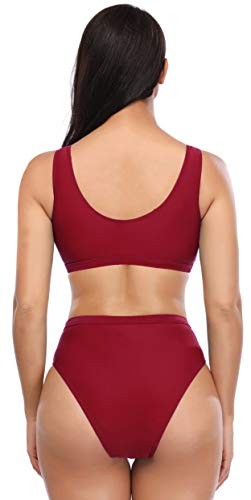 SHEKINI Bikini de Mujer Trajes de Baño de Dos Piezas Low Scoop Top de Cosecha Baja de Cuchara High Waisted Brasier Deportivo Top Racerback (M, Vino Tinto)