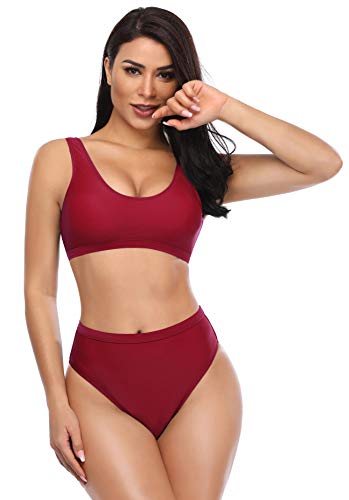 SHEKINI Bikini de Mujer Trajes de Baño de Dos Piezas Low Scoop Top de Cosecha Baja de Cuchara High Waisted Brasier Deportivo Top Racerback (M, Vino Tinto)