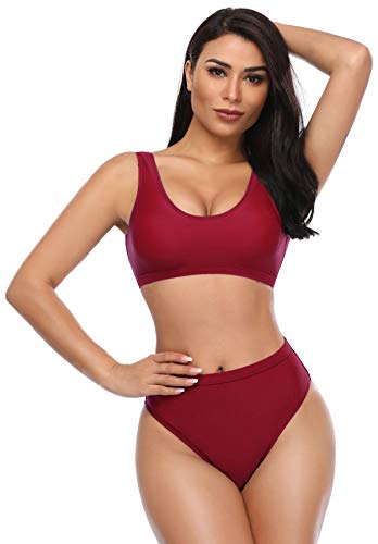 SHEKINI Bikini de Mujer Trajes de Baño de Dos Piezas Low Scoop Top de Cosecha Baja de Cuchara High Waisted Brasier Deportivo Top Racerback (M, Vino Tinto)