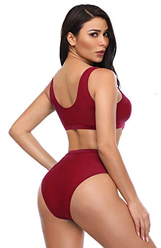 SHEKINI Bikini de Mujer Trajes de Baño de Dos Piezas Low Scoop Top de Cosecha Baja de Cuchara High Waisted Brasier Deportivo Top Racerback (M, Vino Tinto)