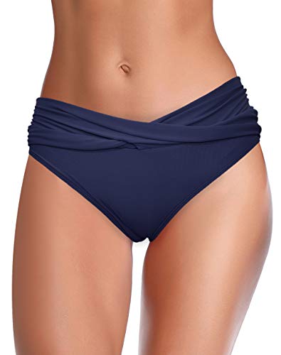 SHEKINI Mujer Bañador Sexy Bañador de Media Altura Cintura Plisada Pantalones de Playa (XL, Azul Oscuro)