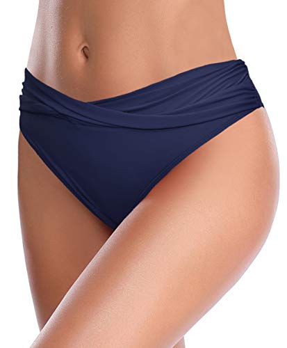 SHEKINI Mujer Bañador Sexy Bañador de Media Altura Cintura Plisada Pantalones de Playa (XL, Azul Oscuro)
