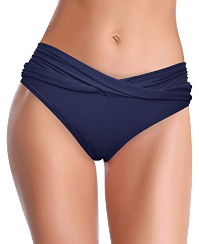 SHEKINI Mujer Bañador Sexy Bañador de Media Altura Cintura Plisada Pantalones de Playa (XL, Azul Oscuro)