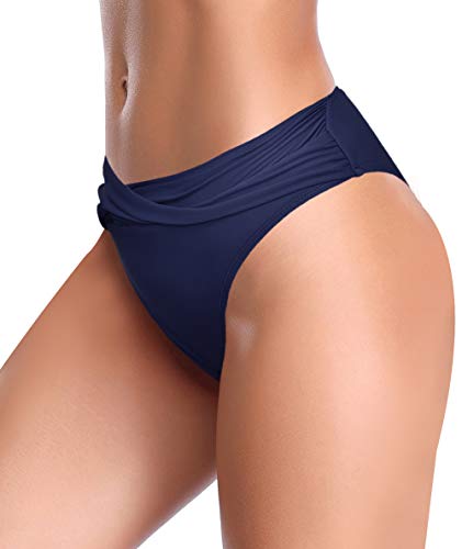 SHEKINI Mujer Bañador Sexy Bañador de Media Altura Cintura Plisada Pantalones de Playa (XL, Azul Oscuro)