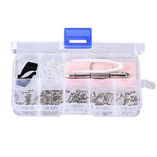 ShipeeKin Kit de Reparación de Gafas, Surtido de tornillos y tuercas (Juego de surtido de tornillos, tuercas y almohadillas nasales de silicona con micro destornillador pinzas)