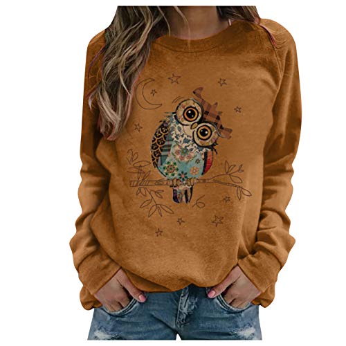 SHOBDW Mujer Sudadera 2021 Nuevo Búho Estampada Talla Grande Pullover Cuello O Estilo Deportivo Chaqueta Sweatshirt Adolescentes Invierno Mujer Liquidación Venta（Marrón，L）