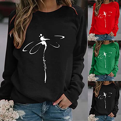 SHOBDW Mujer Sudadera 2021 Nuevo Pullover Suéter Libélula Estampada Cuello O Estilo Deportivo Chaqueta Sweatshirt Adolescentes Otoño Invierno Liquidación Venta（Negro，XL）