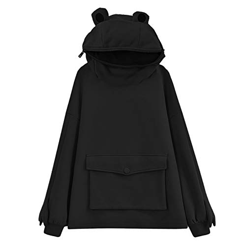 SHOBDW Sudaderas Mujer con Capucha Rana Talla Grande Pullover Sweatshirt Sueltas Elástico Chaqueta Deportiva Adolescentes Invierno Mujer Liquidación （Negro，XXL）